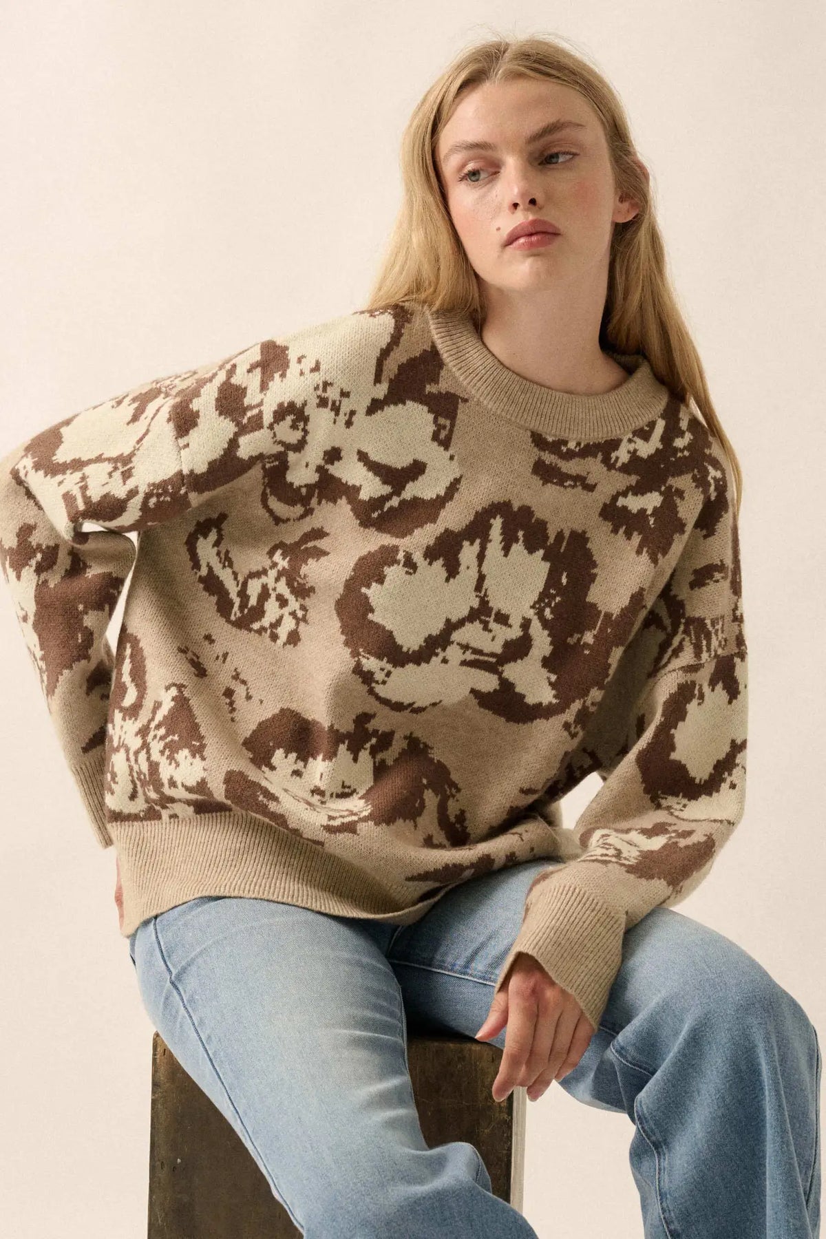 Cuddly Blossoms Oversize Floral Jacquard Sweater