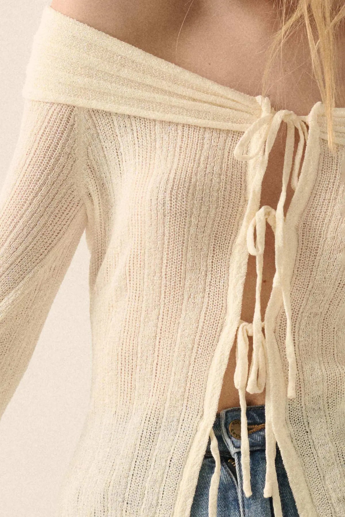 Dear Diary Off-Shoulder Tie-Front Cardigan