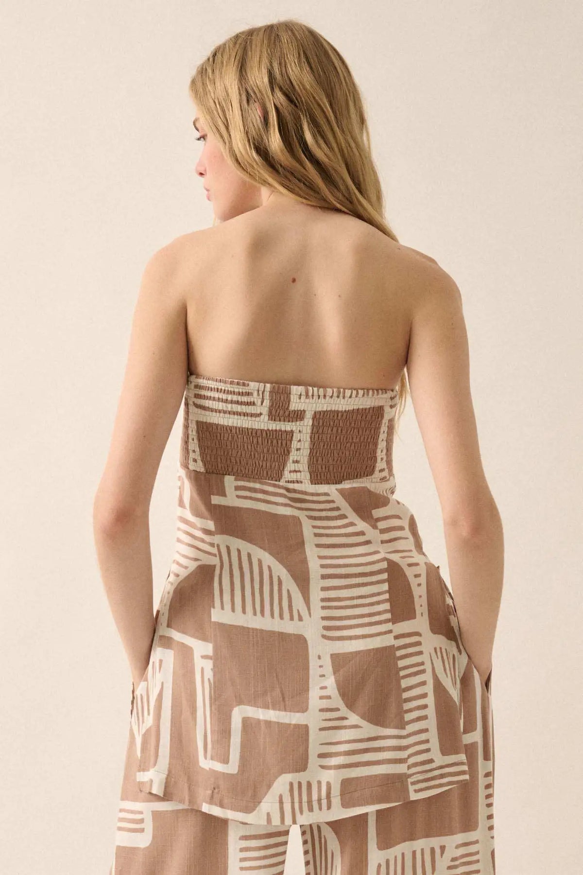 Shape Shift Geo-Print Strapless Tunic Top