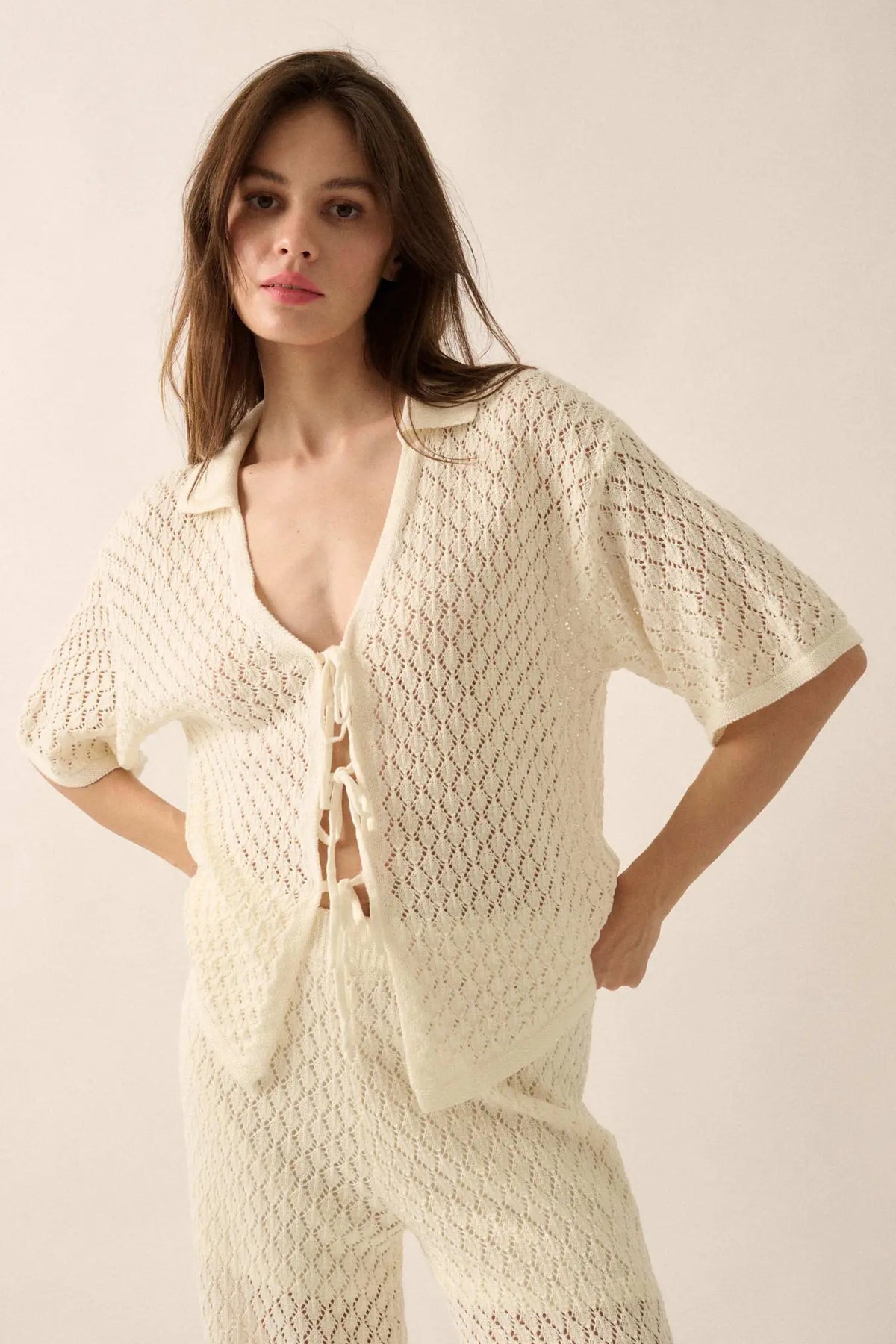 Coastal Breeze Crochet Knit Tie-Front Shirt