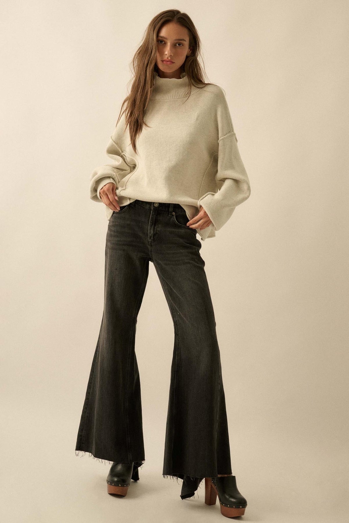Me Time Paneled Exposed-Seam Mock-Neck Sweater
