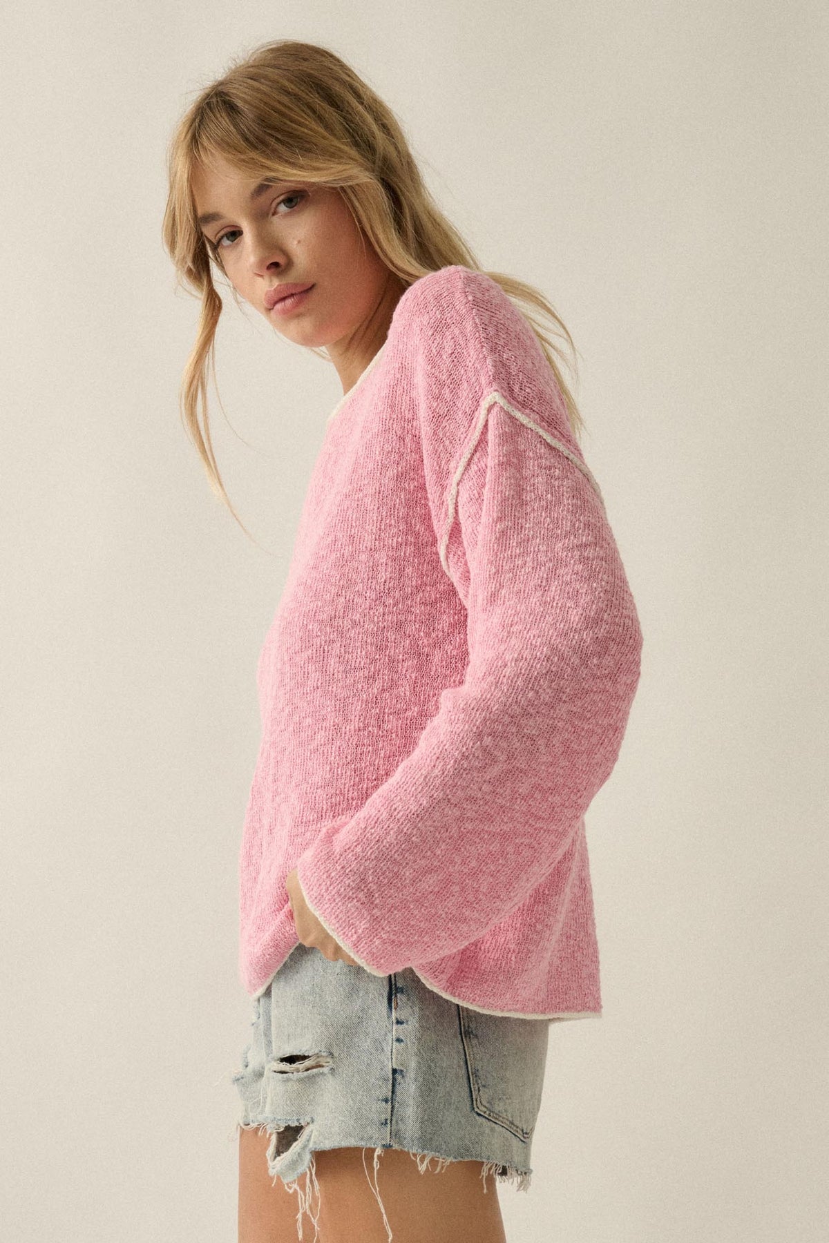 Get Cozy Textured Knit Exposed-Seam Sweater