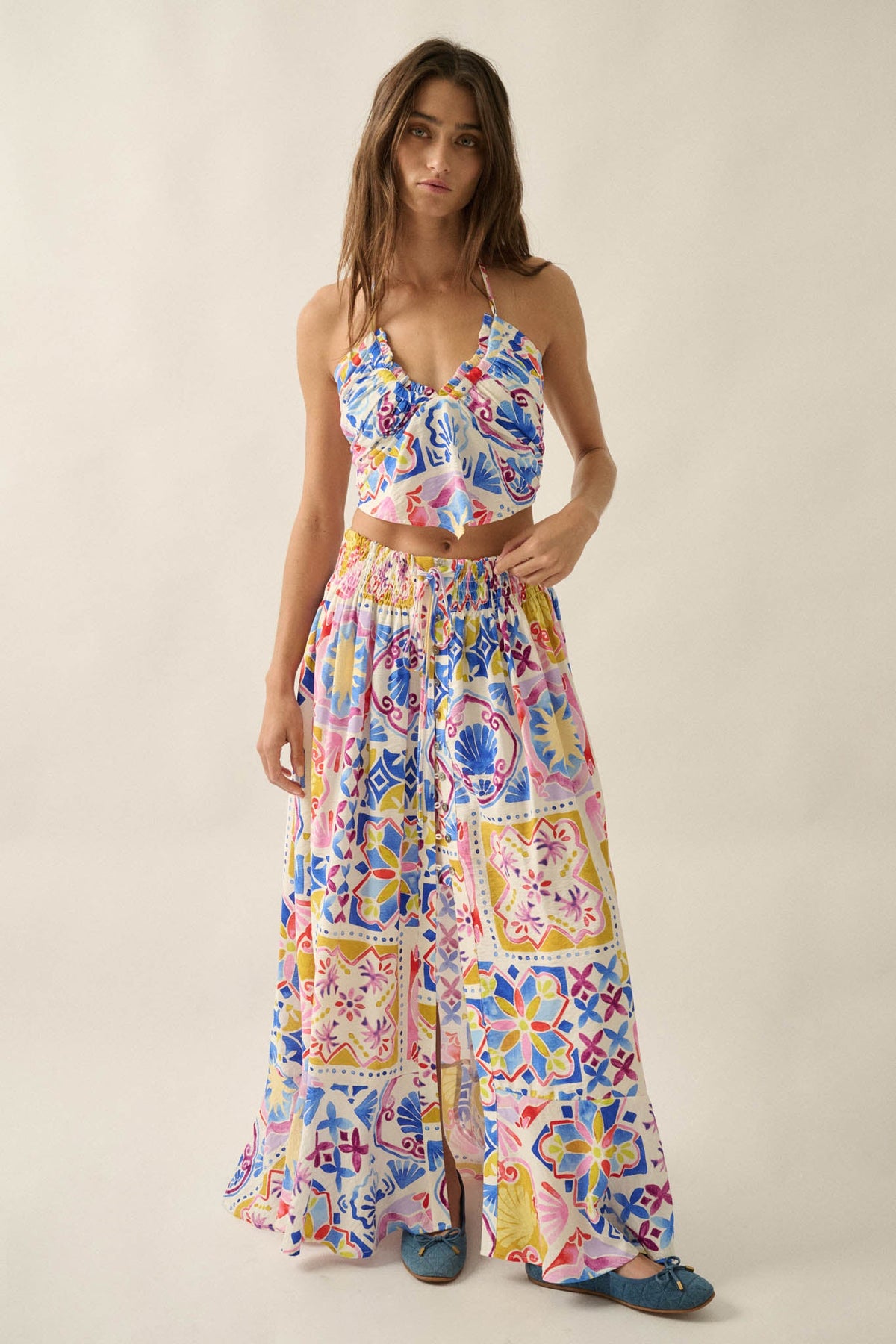 Iconic Ibiza Tile-Print Cropped Tie-Back Halter Top