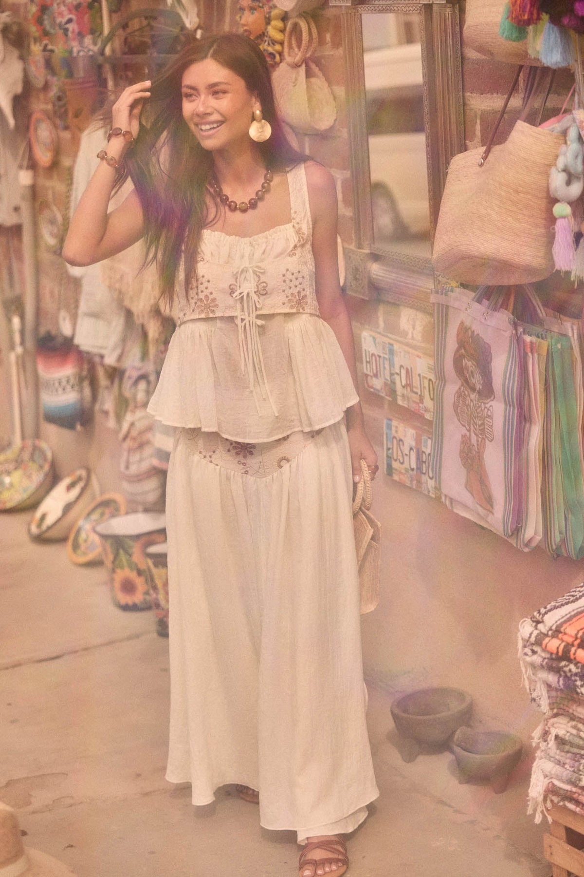 Cottage Garden Floral-Embroidered Peasant Tank Top