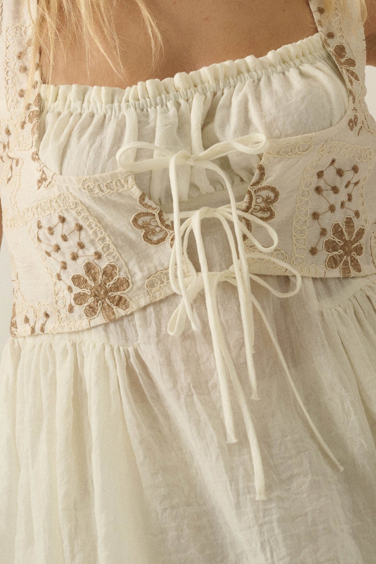 Cottage Garden Floral-Embroidered Peasant Tank Top