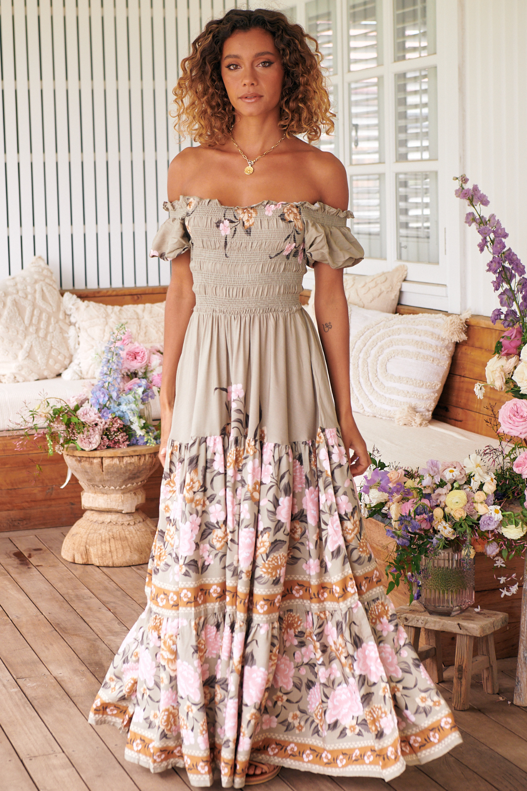 JAASE - Claudette Maxi Dress: On or Off Shoulder Elasticated Bodice Short Balloon Sleeve Dress in Adore You Print