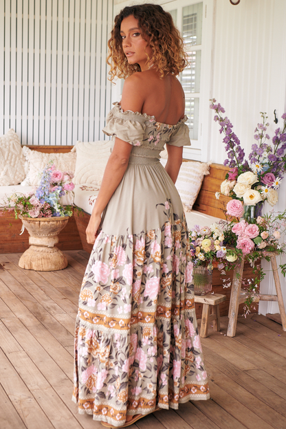 JAASE - Claudette Maxi Dress: On or Off Shoulder Elasticated Bodice Short Balloon Sleeve Dress in Adore You Print