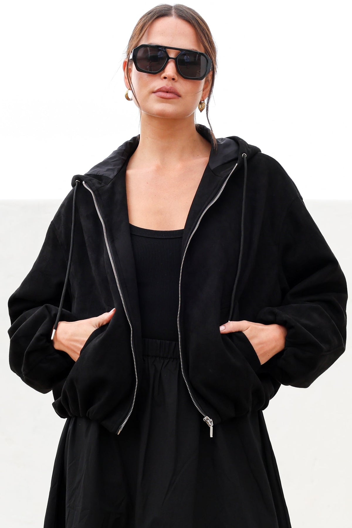 Vector Jacket - Faux Suede Zipper Closure Bomber Jacket with Hoodie in Black