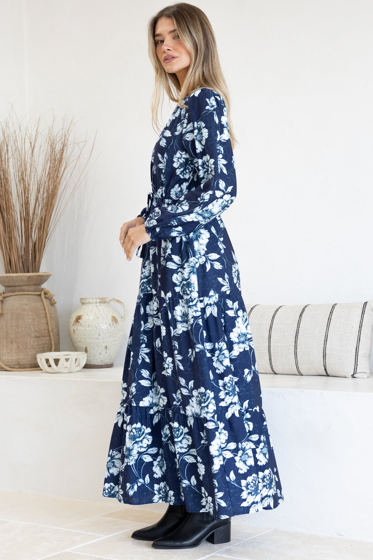 Villia Maxi Dress - V Neck Tiered Dress with Pull Tie Waist and Long Balloon Sleeves in Minka Print Navy