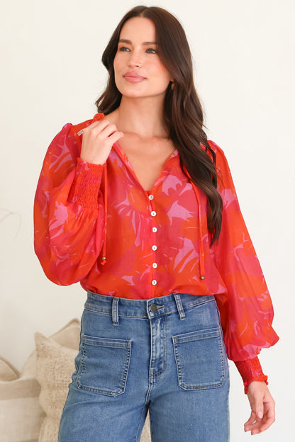 Violet Blouse - Frill Collar Button Down Balloon Sleeve Blouse In Vallie Print