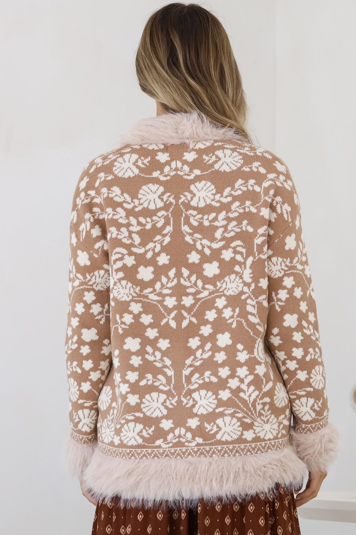 Wolfe Jacket - Faux Fur Trim Open Knit Jacket in Camel