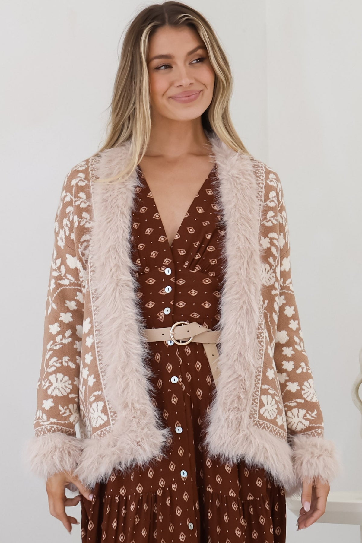 Wolfe Jacket - Faux Fur Trim Open Knit Jacket in Camel