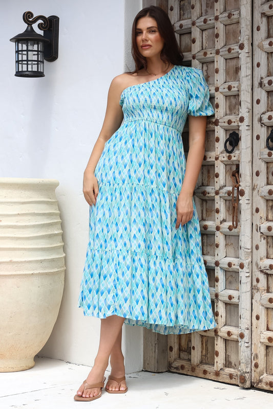 Xanthi Midi Dress - One Shoulder Elasticated Bodice Tiered Dress in Pasha Print