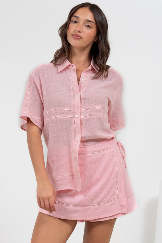 Xara Mini Skirt - High Waisted True Wrap Skirt in Pink