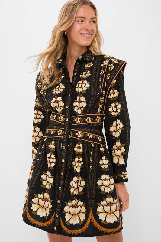 Black Embroidered Flowers Topstitching Long Sleeve Mini Dress