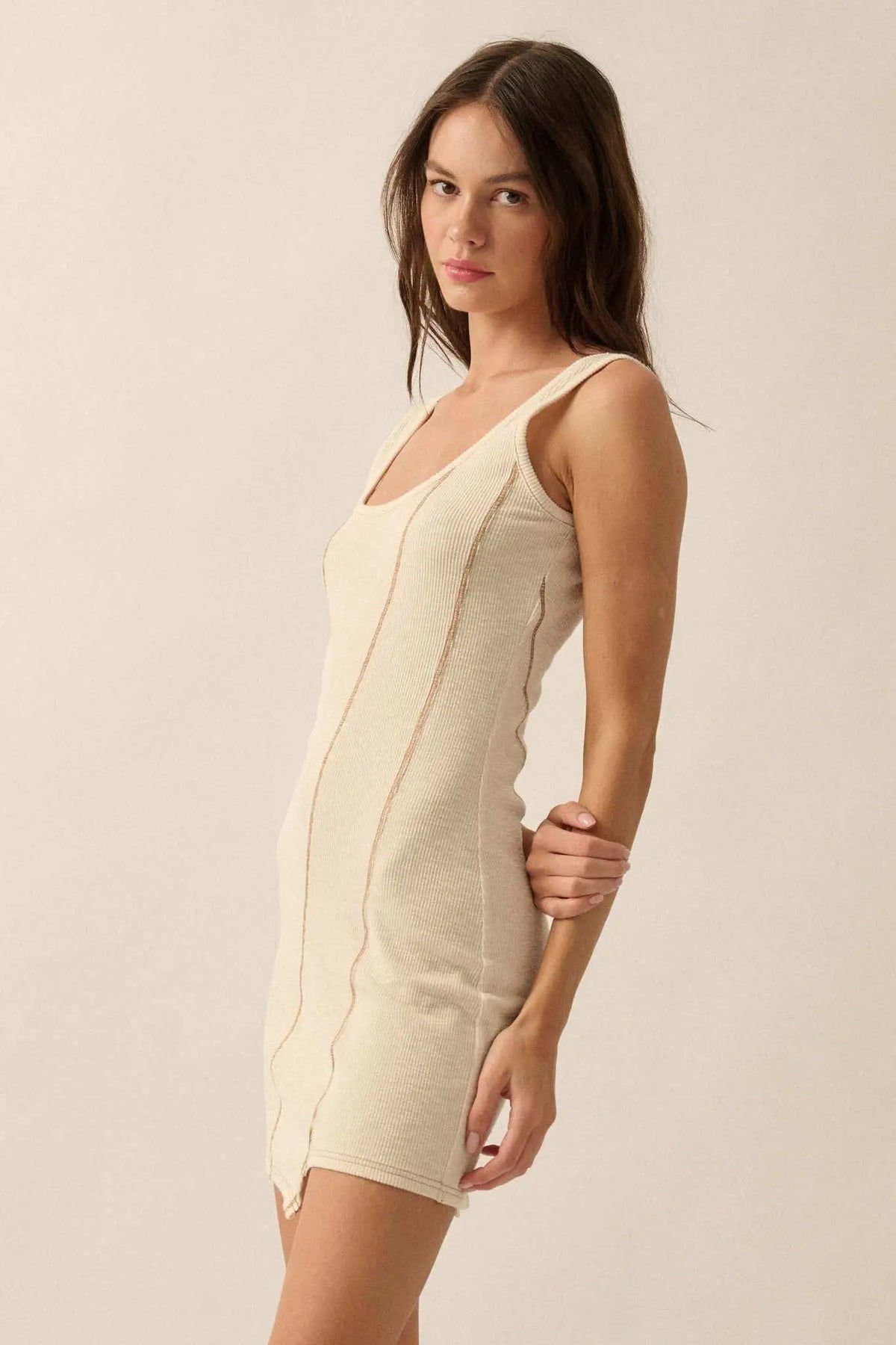 Sew What Exposed-Seam Rib-Knit Tank Mini Dress