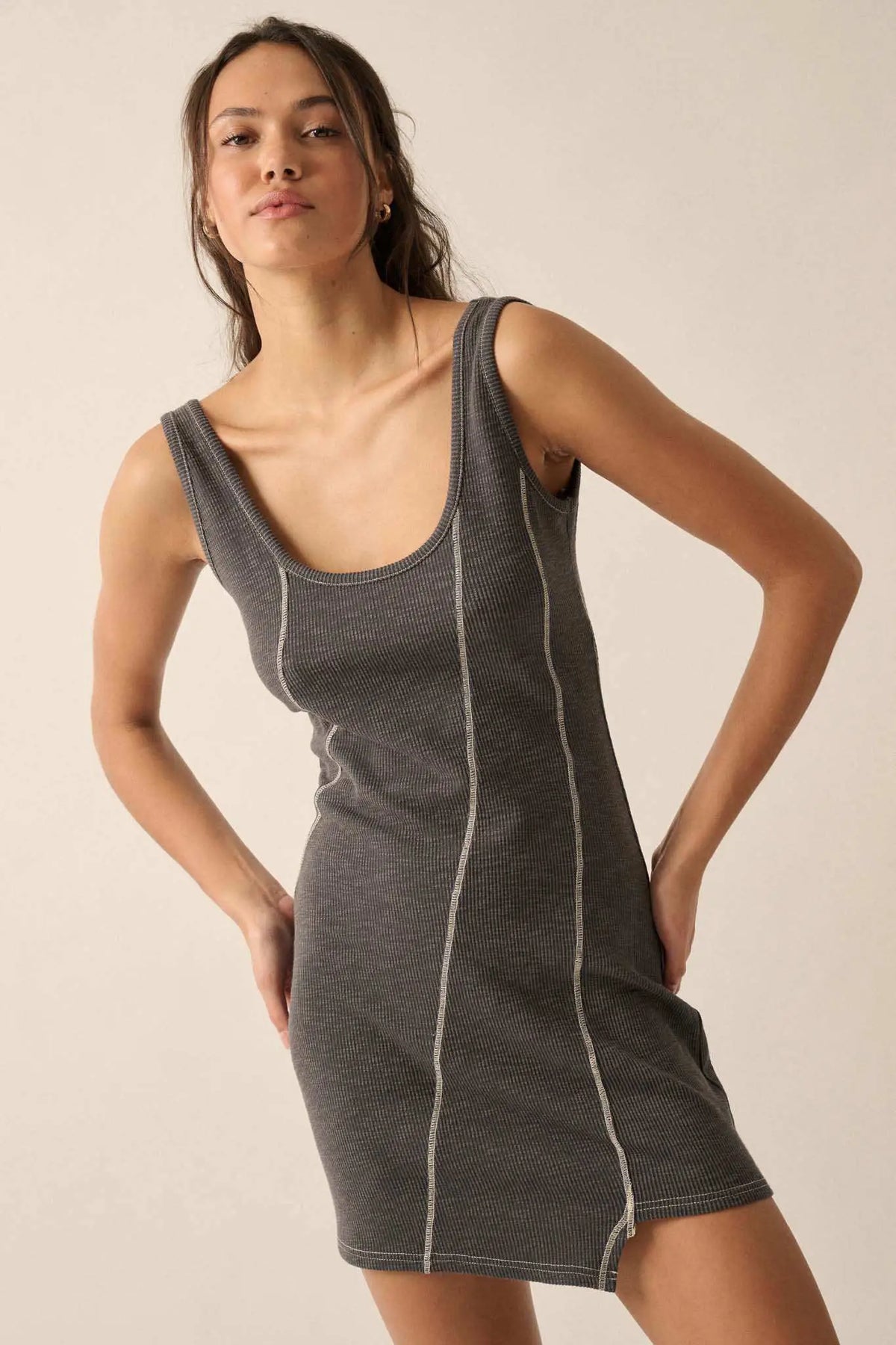 Sew What Exposed-Seam Rib-Knit Tank Mini Dress