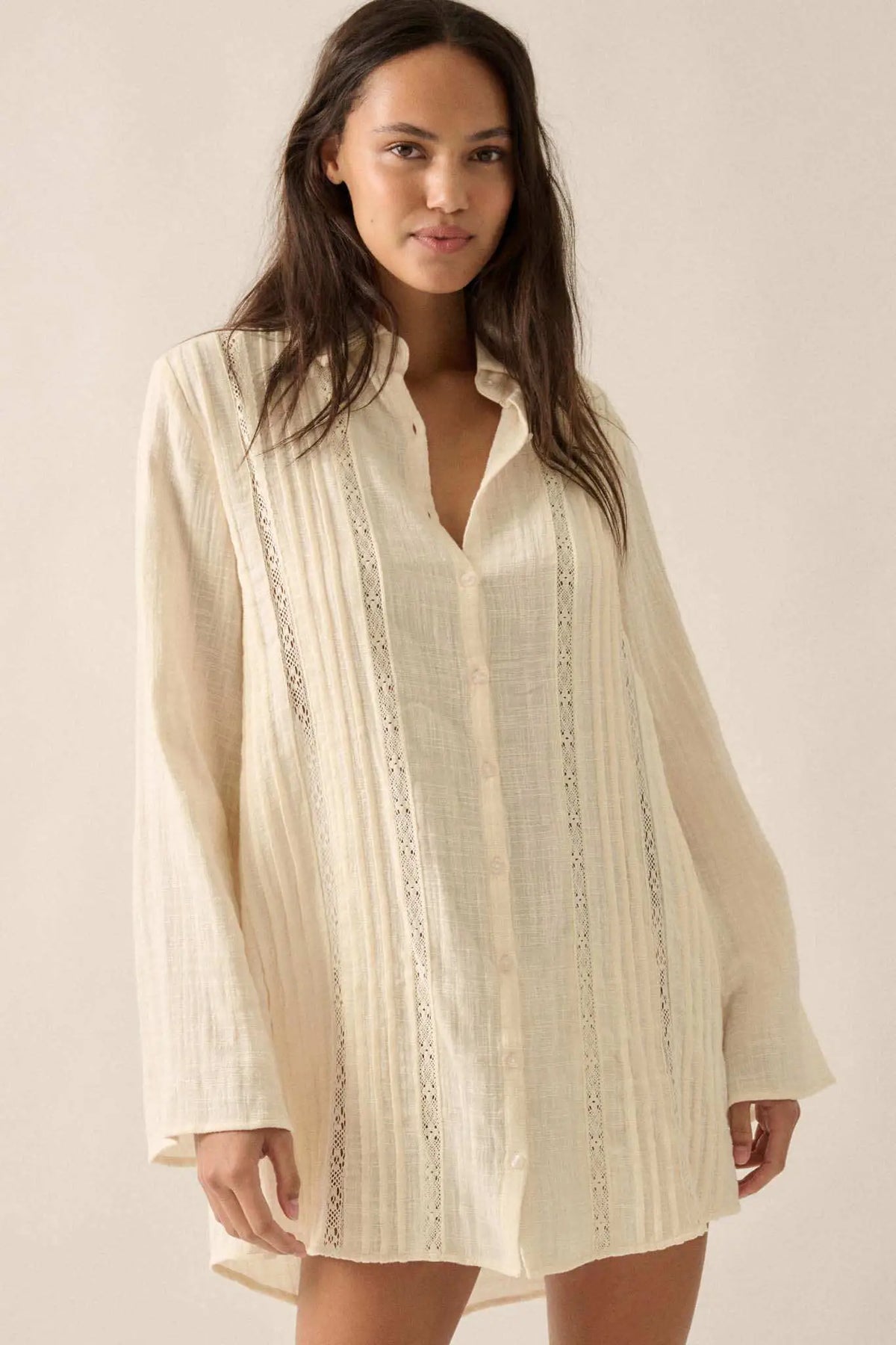 Free to Be Pleated Lace-Trim Mini Shirt Dress