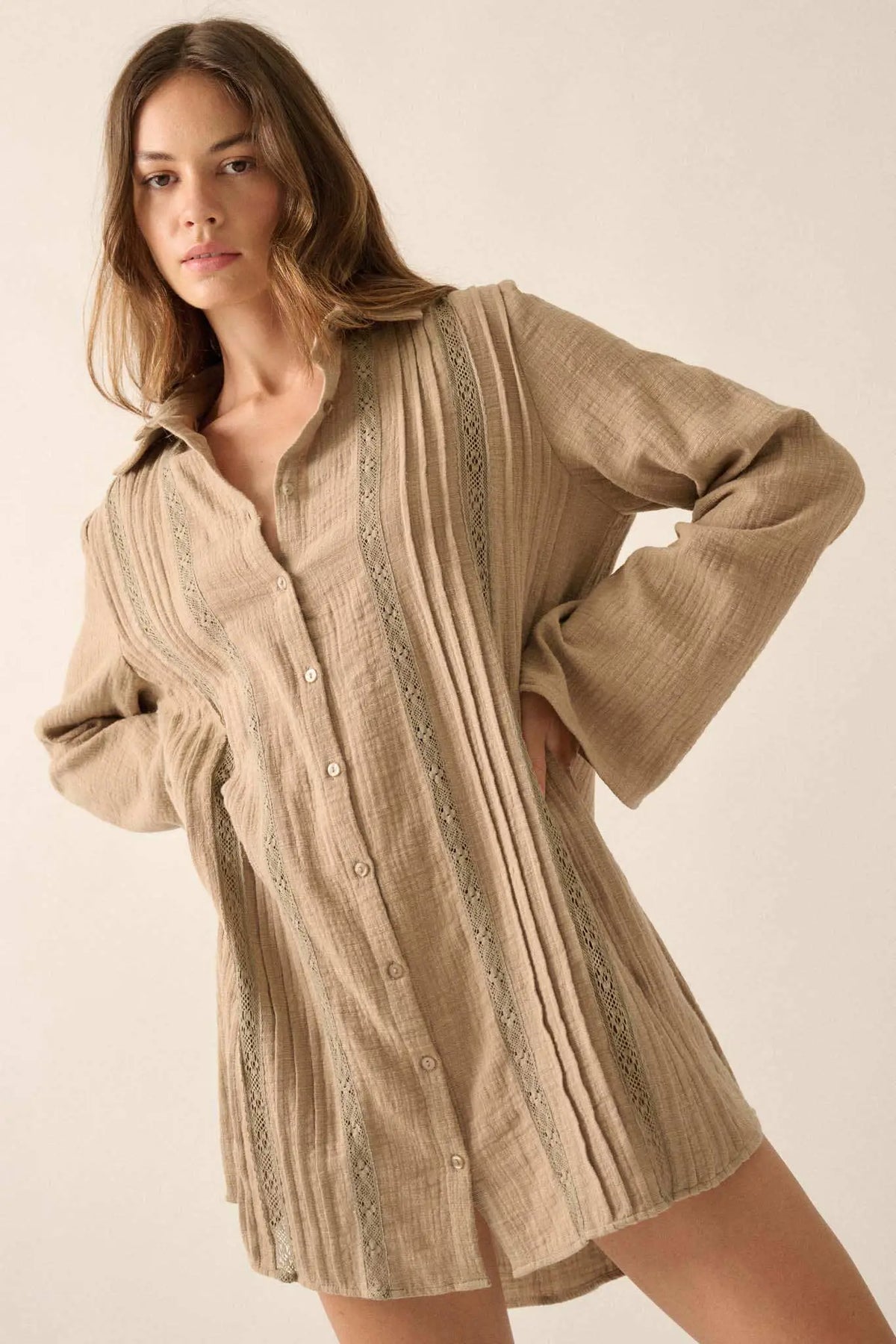 Free to Be Pleated Lace-Trim Mini Shirt Dress