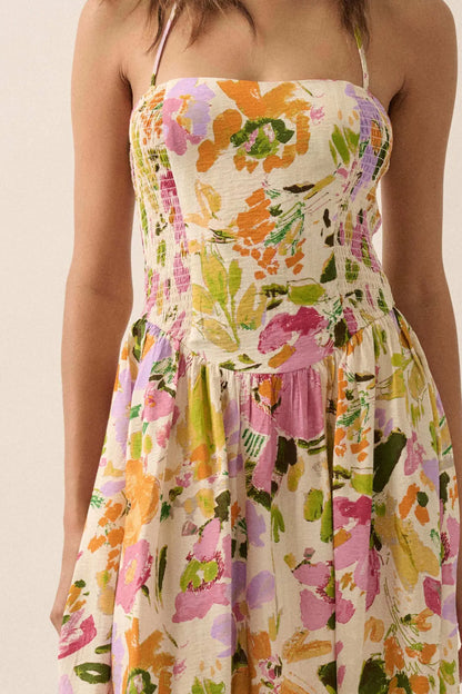 Dawn Dreams Smocked Floral Halter Midi Dress