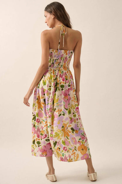 Dawn Dreams Smocked Floral Halter Midi Dress