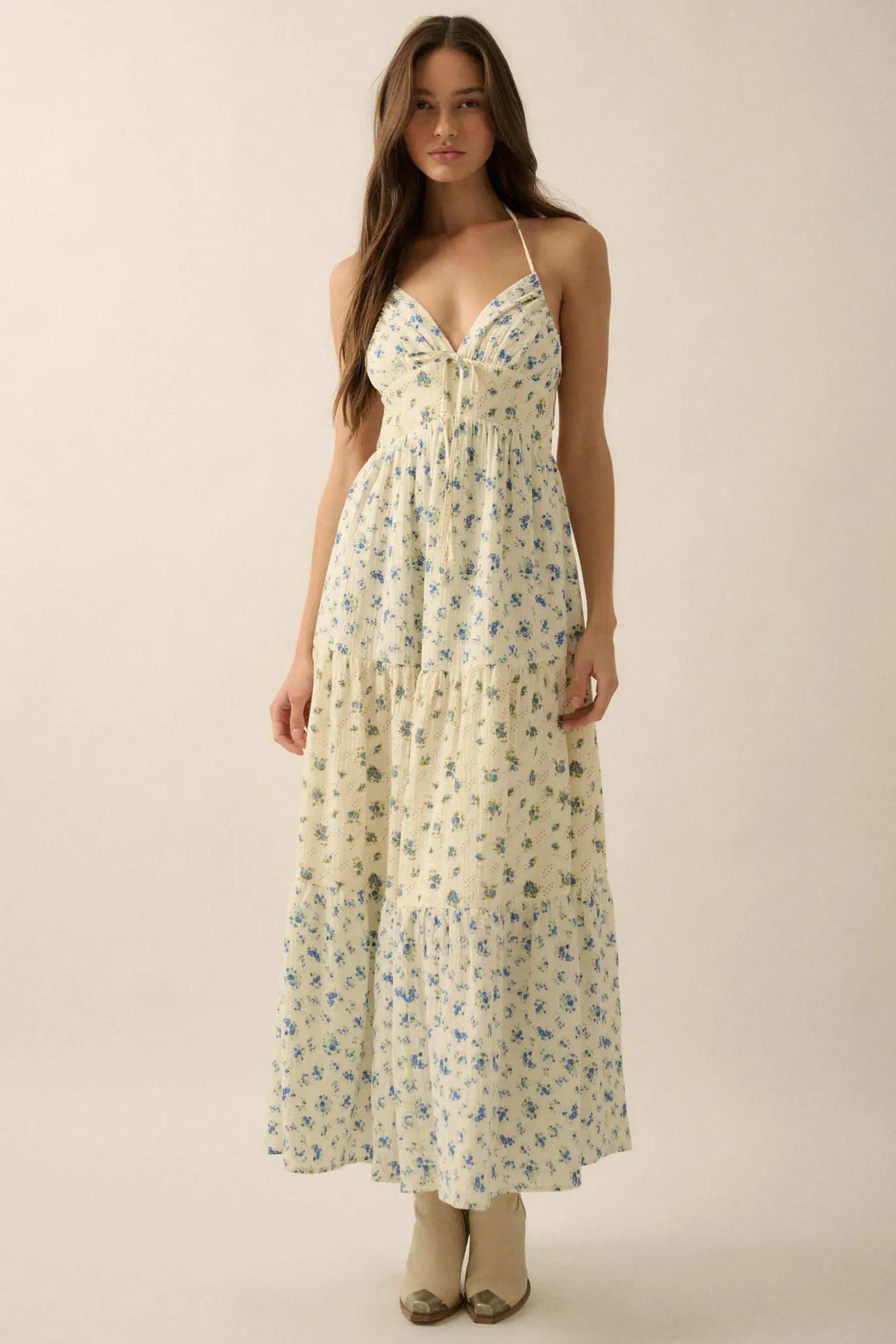 Meadow Garden Floral Gauze Tie-Back Maxi Dress