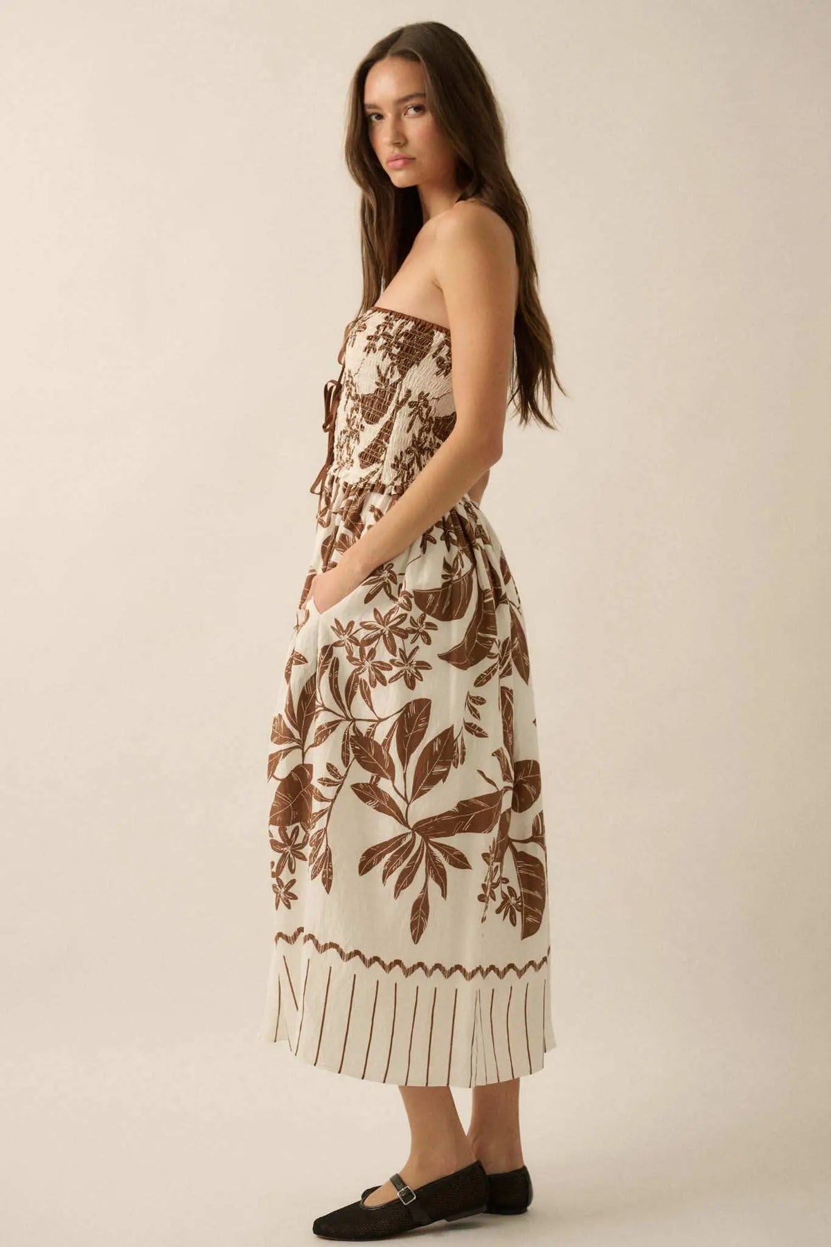 Palm Poetry Tropical Strapless Pocket Midi Dress
