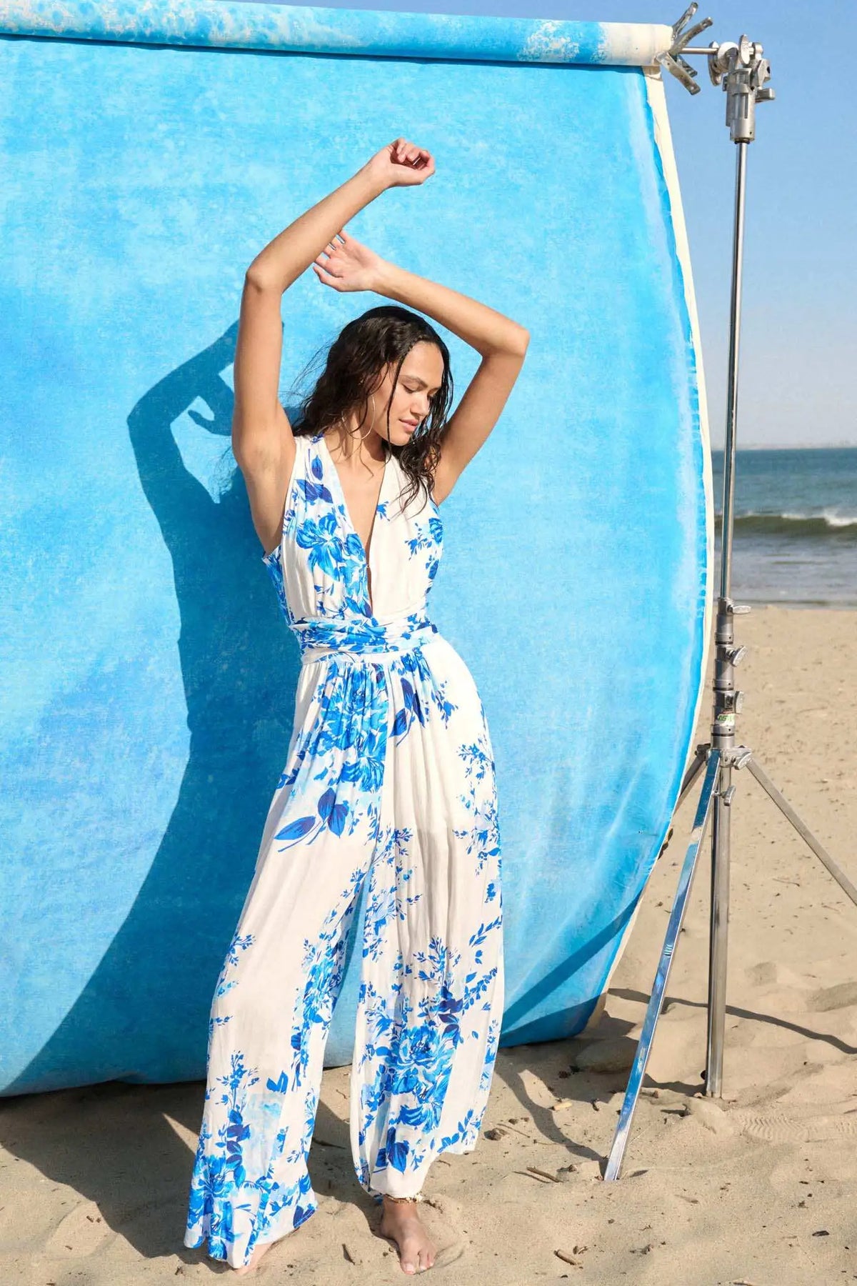 Lapis Lilies Floral Plunge-Front Wide-Leg Jumpsuit