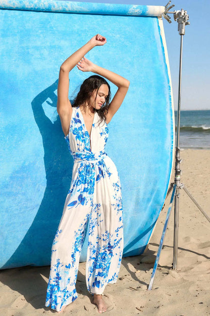 Lapis Lilies Floral Plunge-Front Wide-Leg Jumpsuit