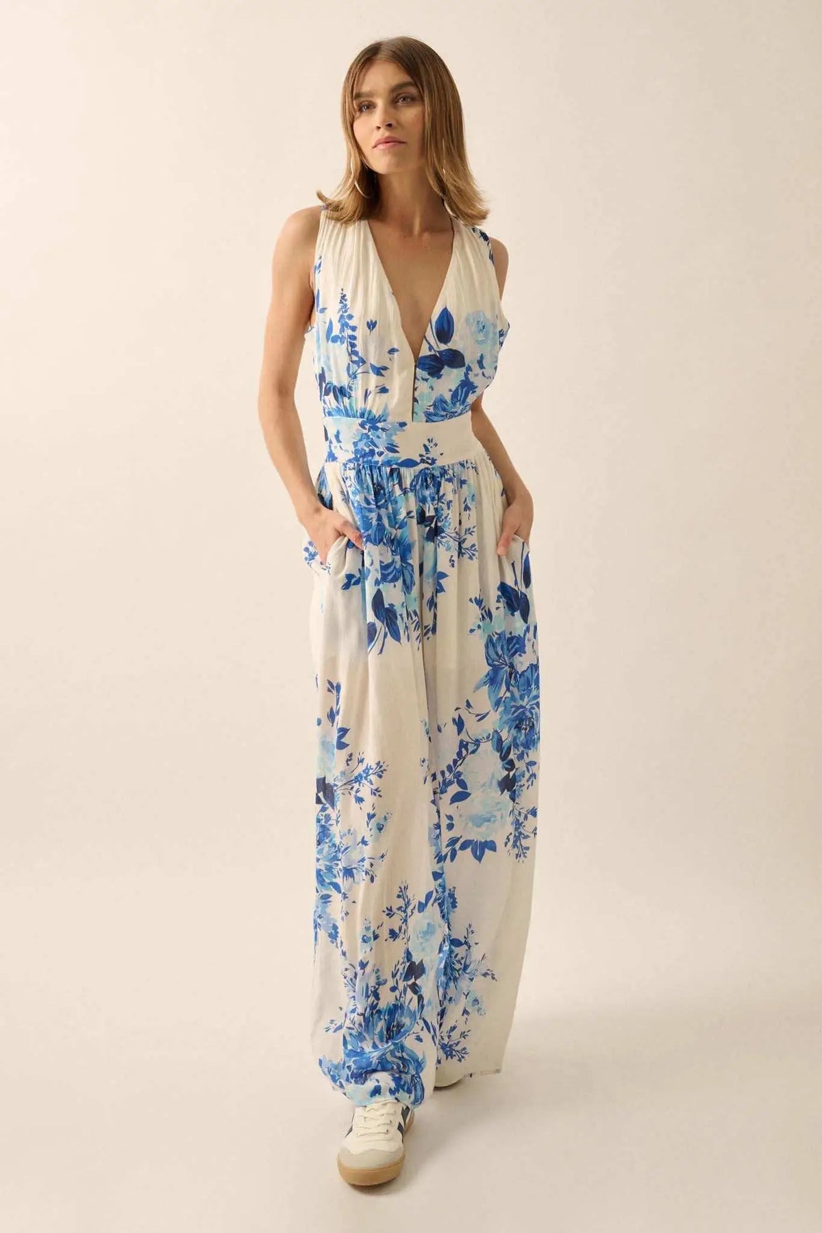 Lapis Lilies Floral Plunge-Front Wide-Leg Jumpsuit
