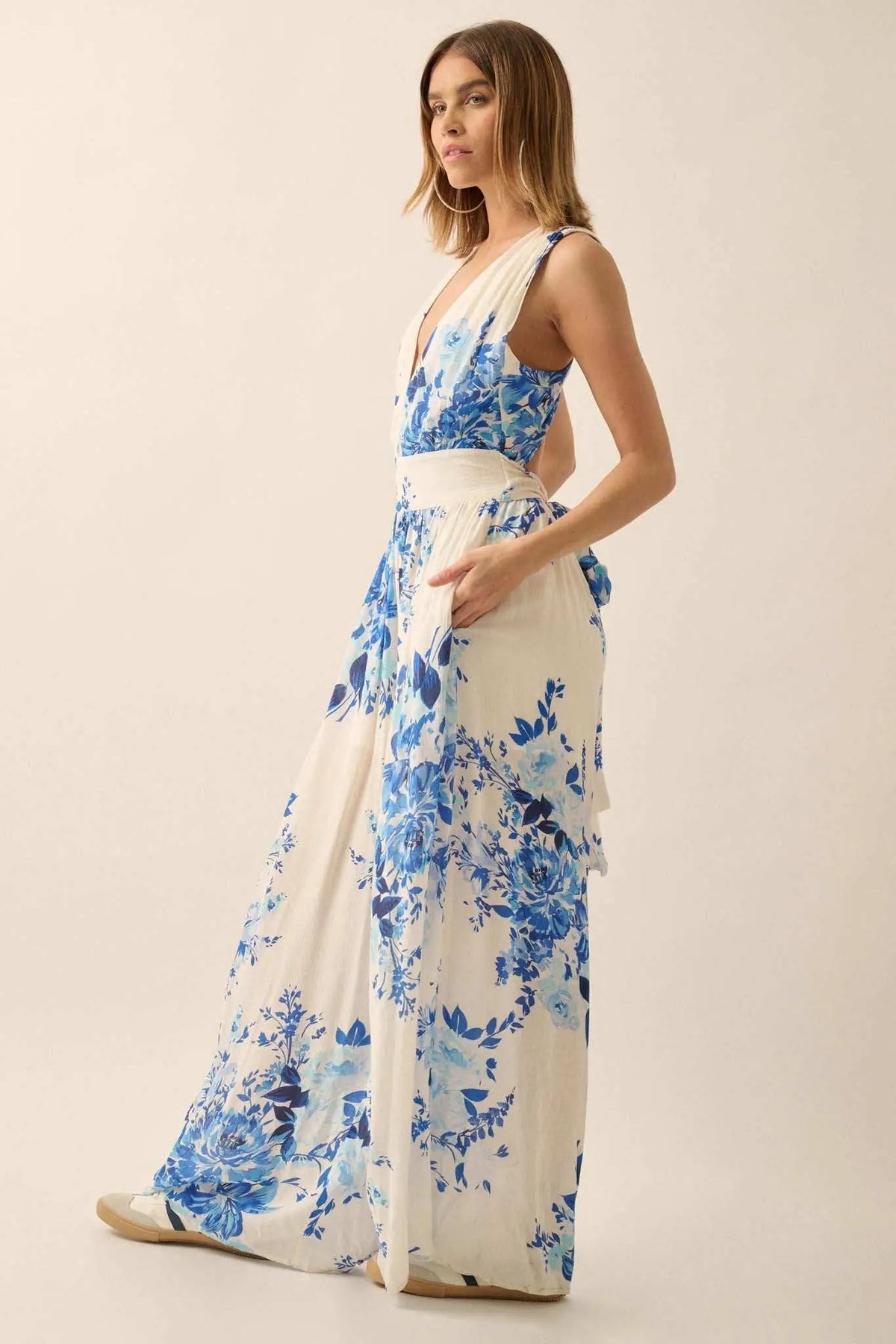 Lapis Lilies Floral Plunge-Front Wide-Leg Jumpsuit