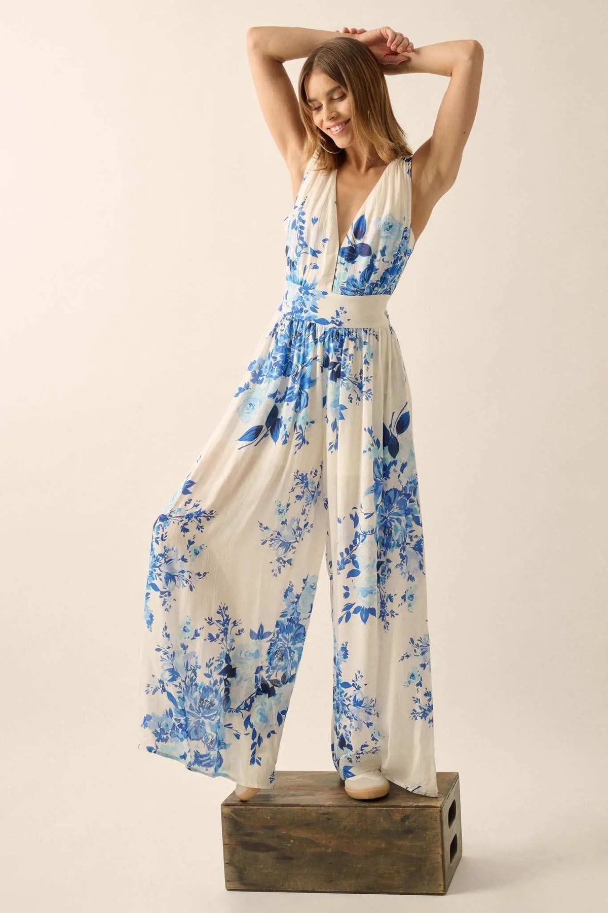 Lapis Lilies Floral Plunge-Front Wide-Leg Jumpsuit