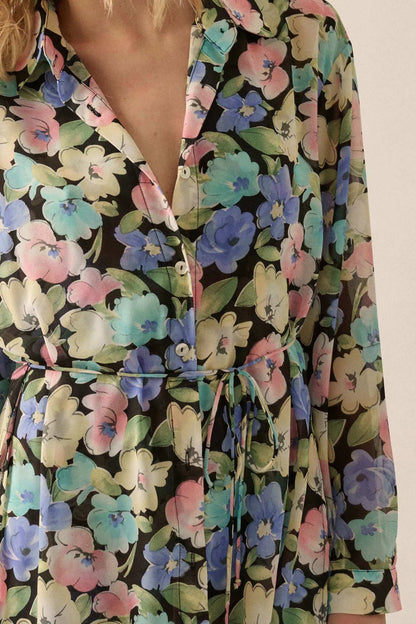 Chromatic Petals Floral Belted Shirt Romper