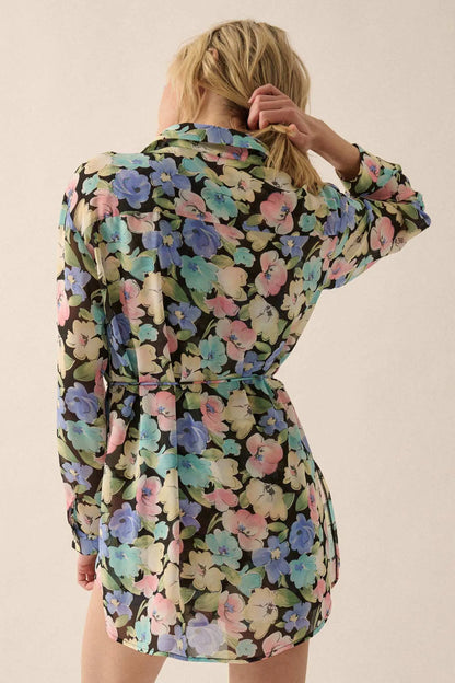 Chromatic Petals Floral Belted Shirt Romper