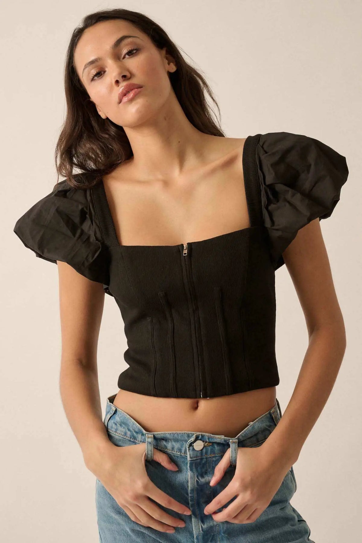 Princess Diaries Puff-Sleeve Zipped Corset Top