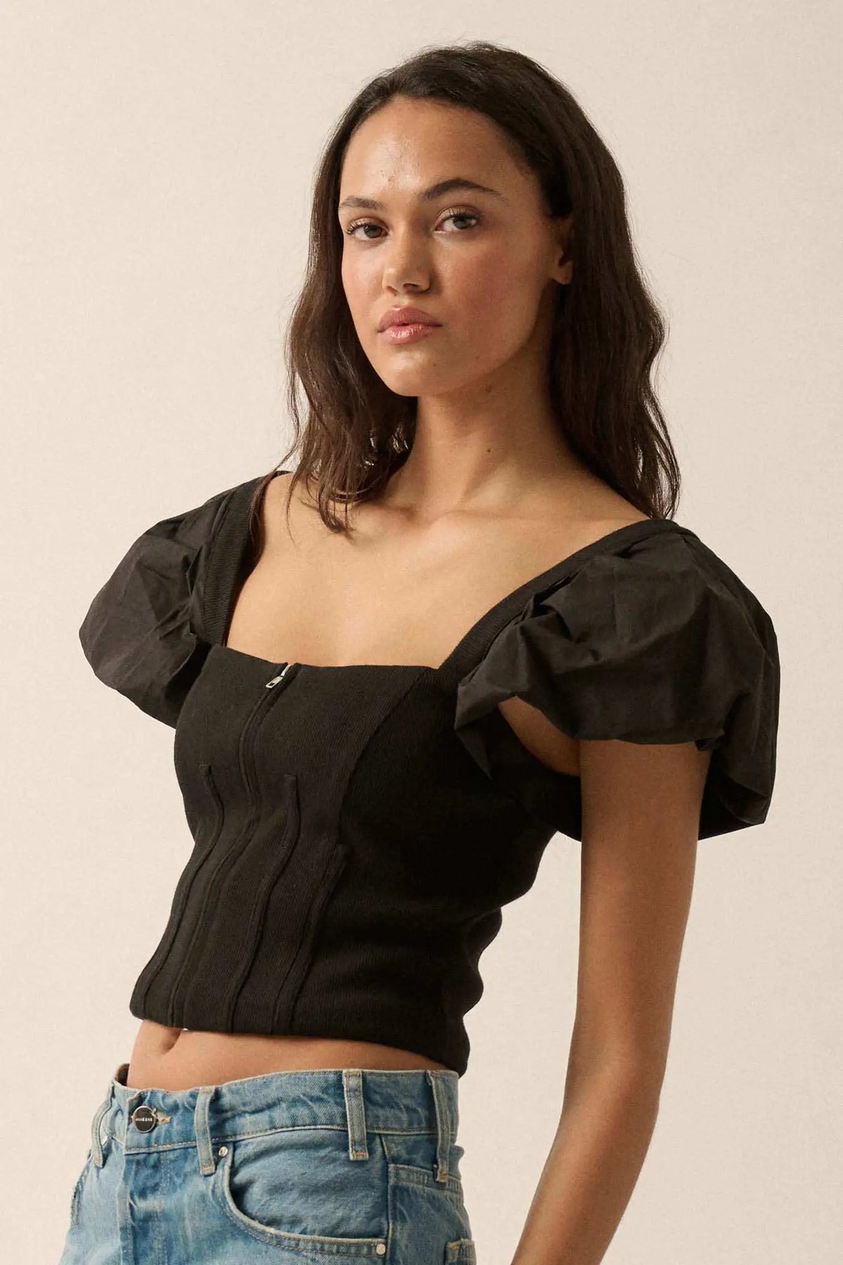 Princess Diaries Puff-Sleeve Zipped Corset Top
