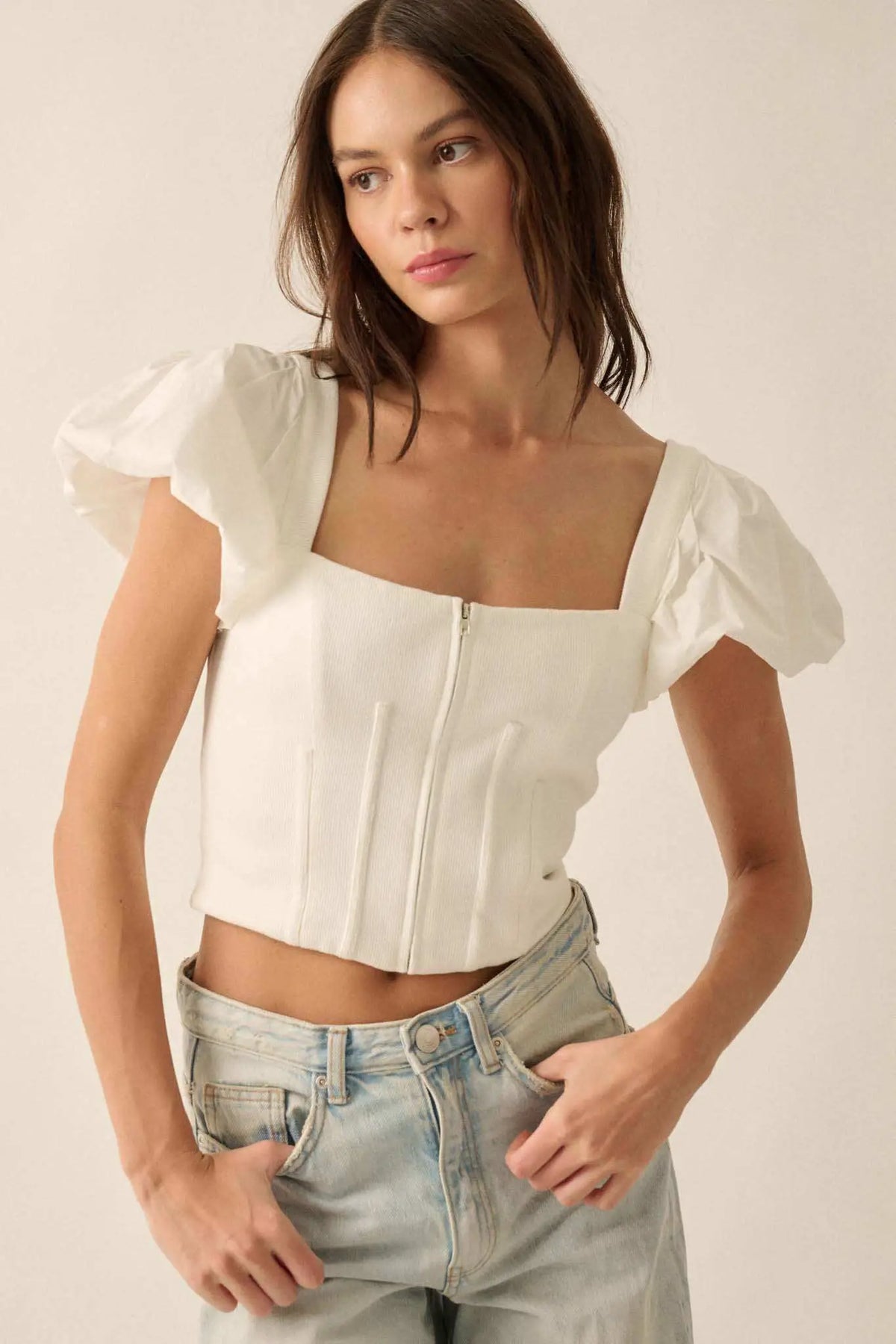 Princess Diaries Puff-Sleeve Zipped Corset Top