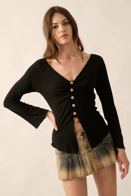 All Good Ribbed Knit Bell-Sleeve Split-Front Top