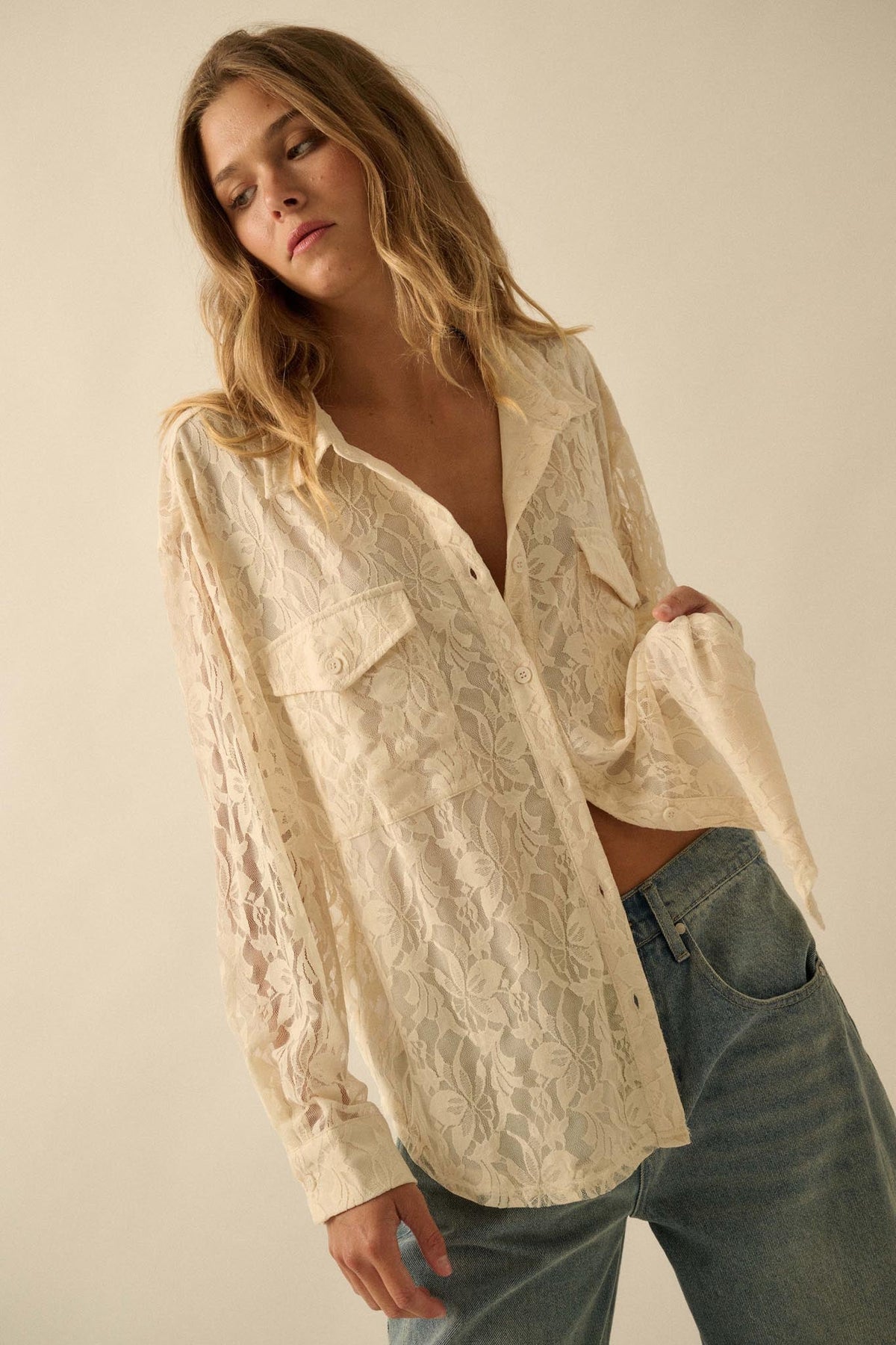 Pure Poetry Floral Lace Button-Up Pocket Shirt