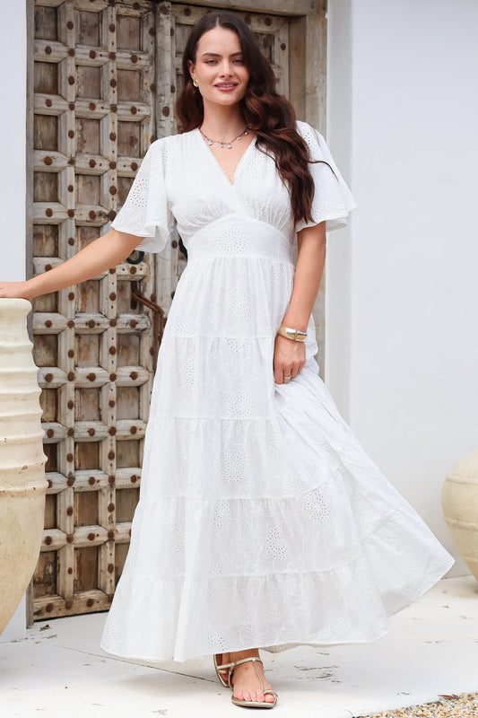 Yelena Maxi Dress - Embroidered Floral Tiered A-Line Dress in White