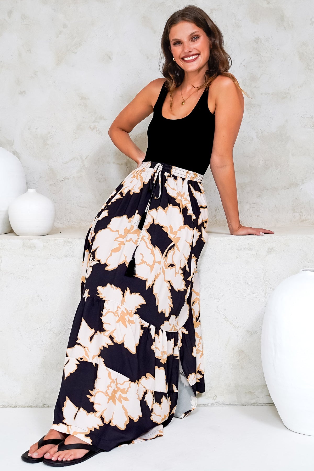 Zia Maxi Skirt - High Waisted Skirt with Tassel Waist Tie and Front Splits in Illaria Print
