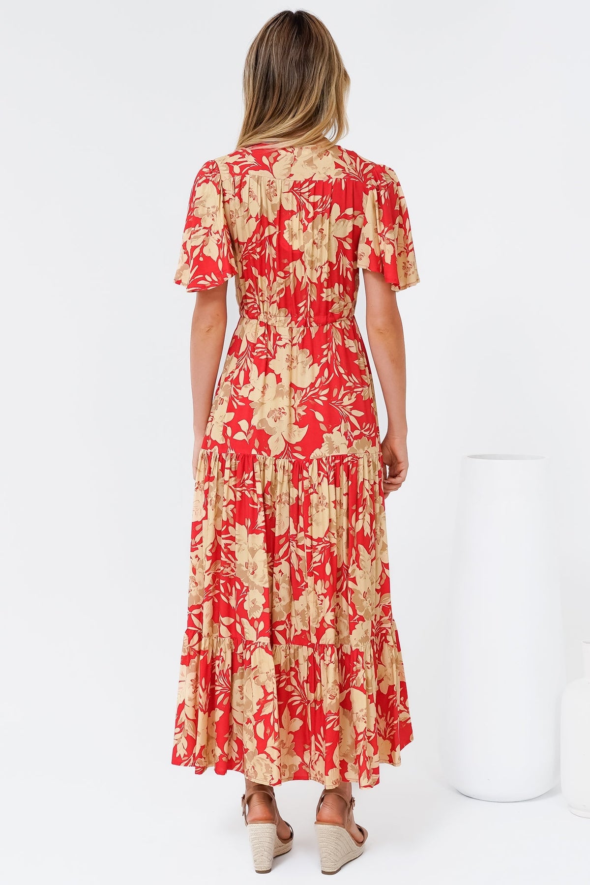 Ziggy Maxi Dress - Cap Sleeve Tiered Dress with Pull Tie Waist in Chianti Print Red