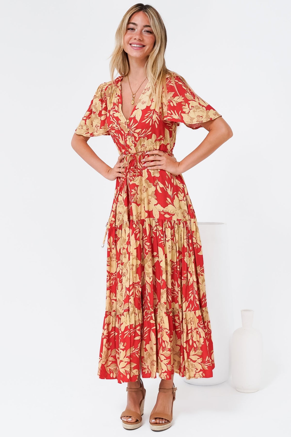 Ziggy Maxi Dress - Cap Sleeve Tiered Dress with Pull Tie Waist in Chianti Print Red