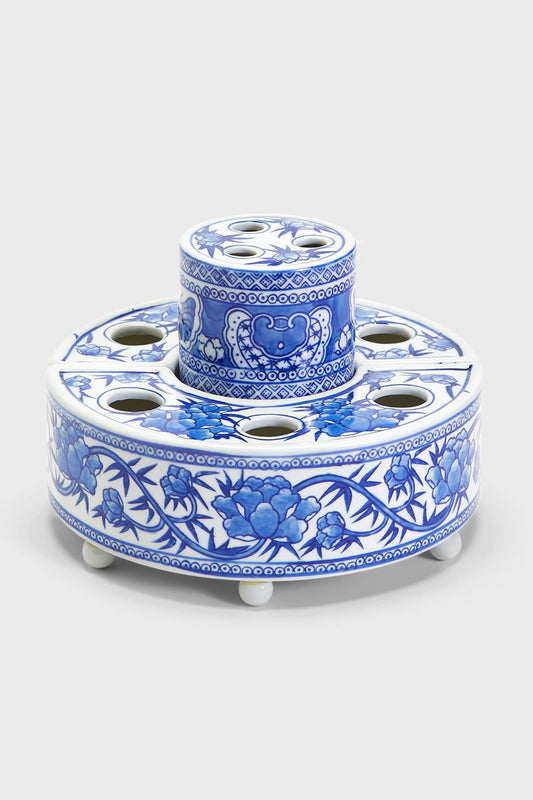 Blue and White 3 Piece Hand-Painted Floral Arranger