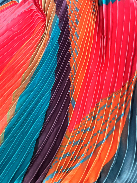 Abstract Print Pleated Poly - Coral, Teal & Orange