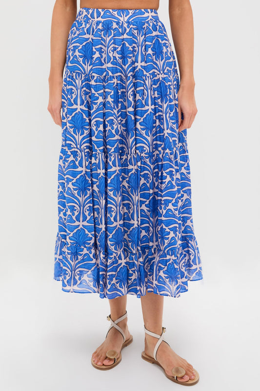 Blue Geometric Floral Porto Midi Skirt