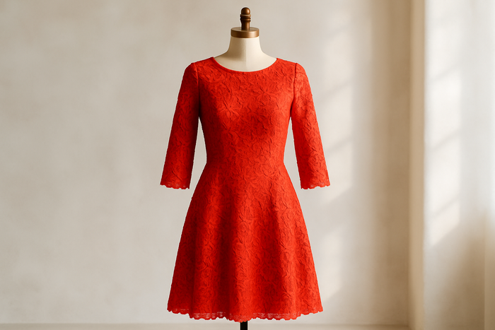 a lovely day time dress with Floral Corded Lace - Blood Orange PMS # 17-1563
