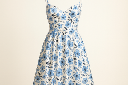 a lovely summer dress with Floral Print Cotton Calico Satin Finish - Blue, Black & White