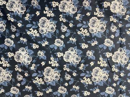 Floral Print Cotton Calico Satin Finish - Blue, Black & White