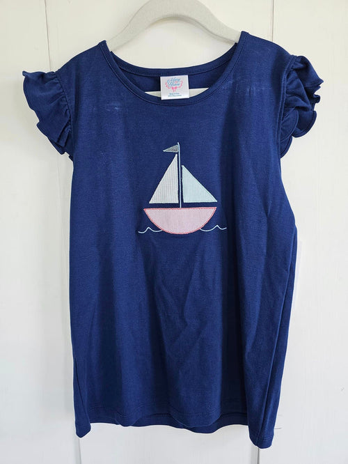 Flutter Pima Tee in Navy with Sailboat Applique, SIZE 8